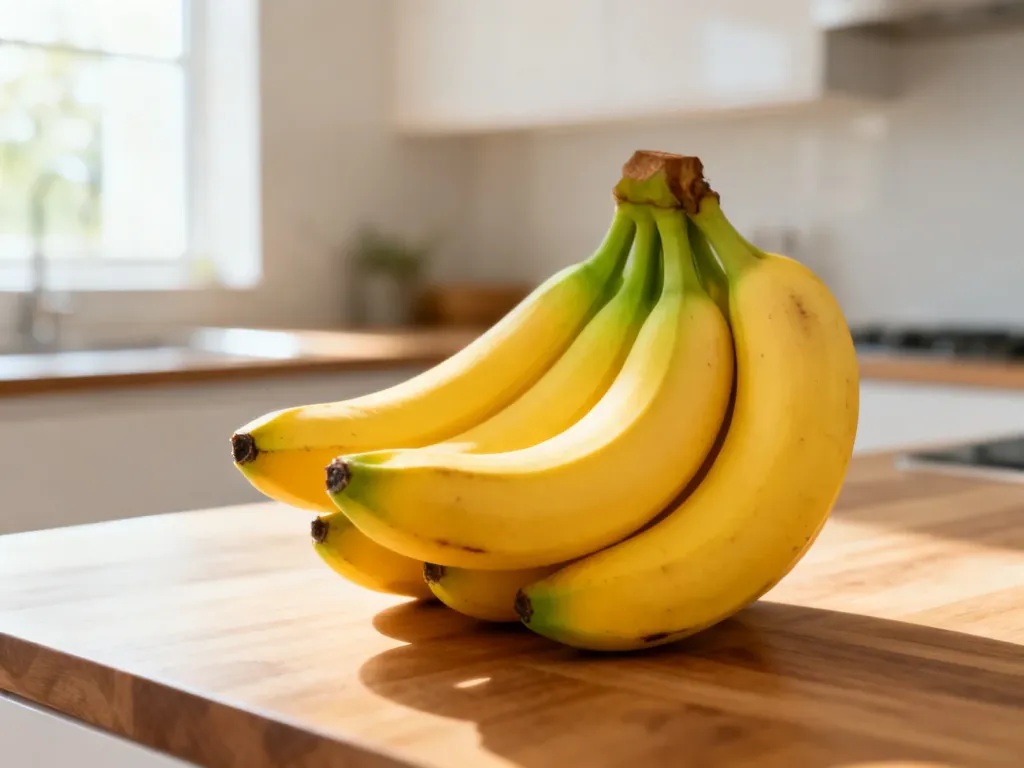 Świeża kiść żółtych bananów leżąca na drewnianym blacie w jasnej, nowoczesnej kuchni.