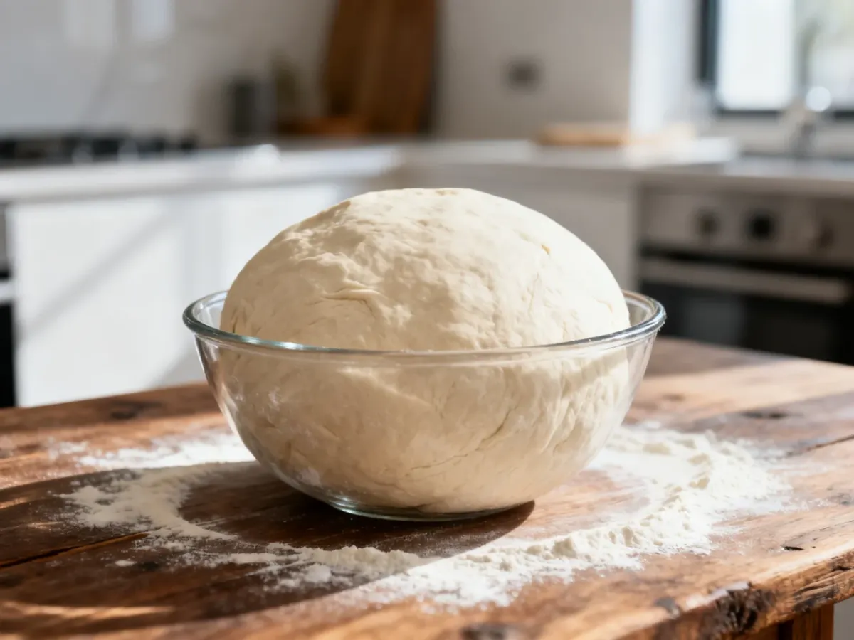 Kula surowego ciasta na pizzę w szklanej misce na drewnianym stole, gotowa do wyrastania w domowej kuchni.