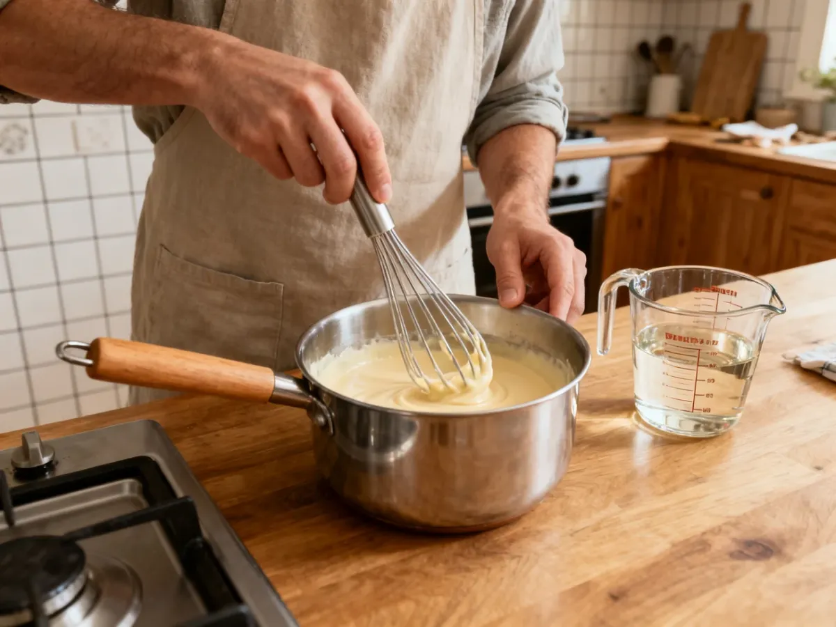 Stopniowe łączenie roux z płynem za pomocą trzepaczki