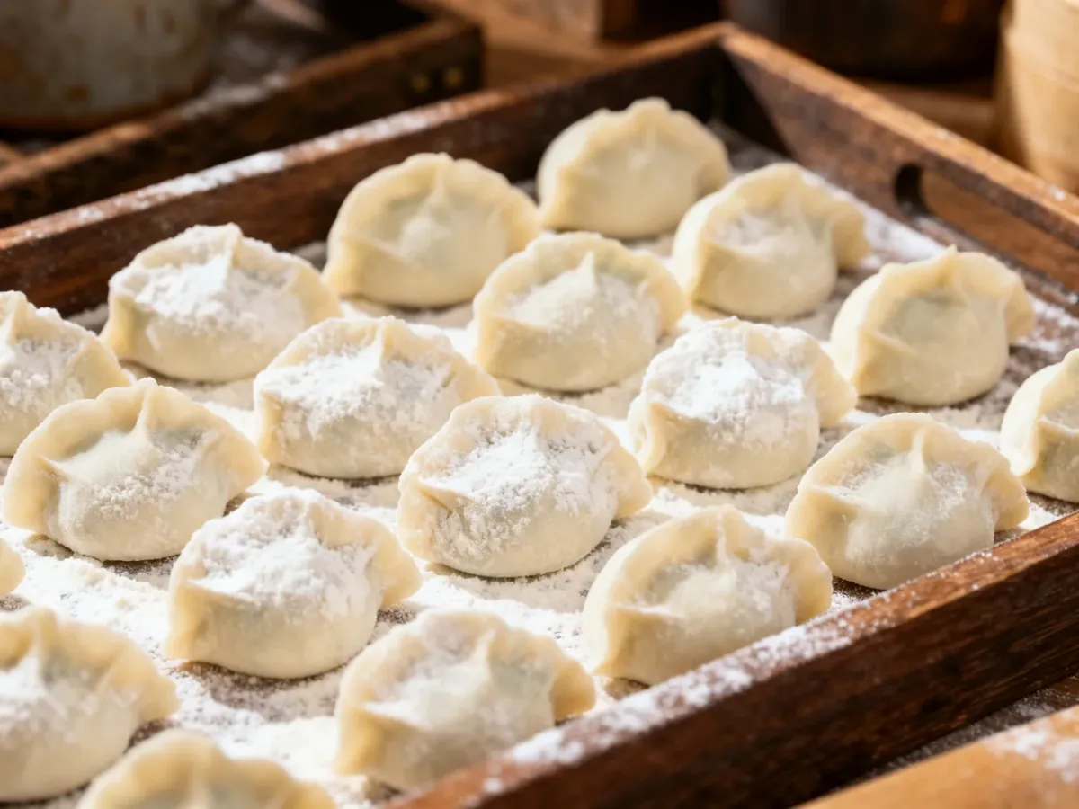 Surowe, oprószone mąką pierogi ułożone na drewnianej tacy, gotowe do zamrożenia w domowej kuchni.