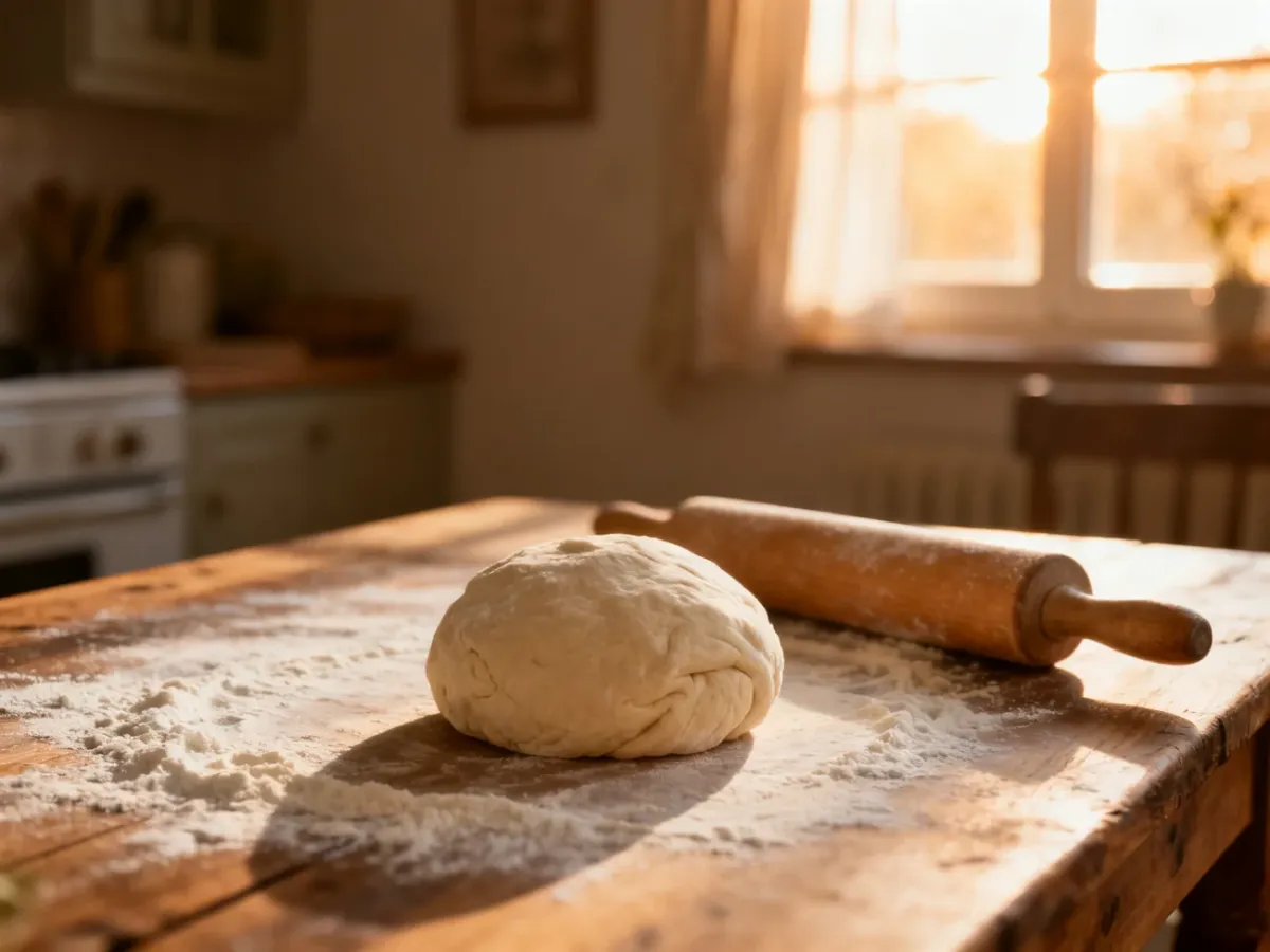 Elastyczne ciasto na pierogi na drewnianym blacie oprószonym mąką, przygotowane do wałkowania w przytulnej kuchni.