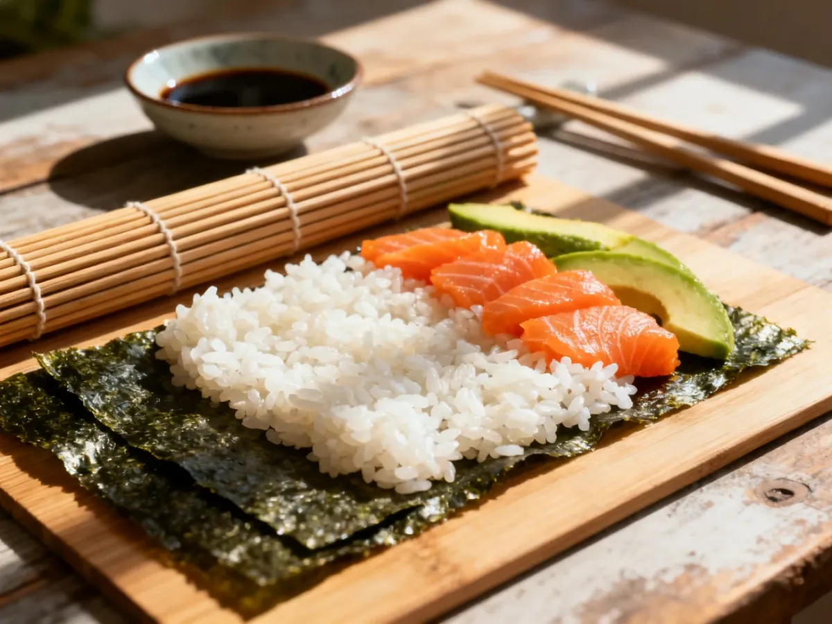 Składniki do domowego sushi: ryż, nori, łosoś i awokado przygotowane na bambusowej macie do zwijania.