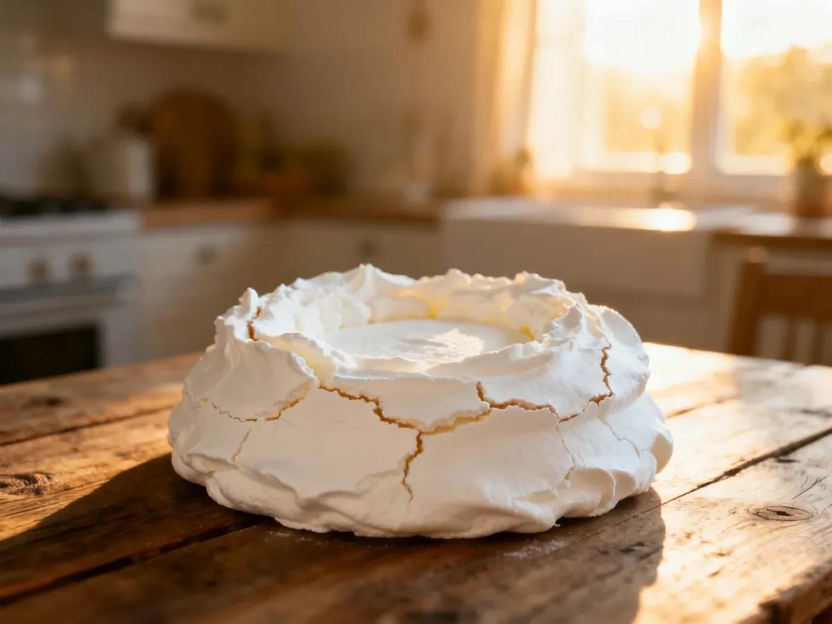 Idealnie upieczona beza pavlova o chrupiącej skorupce i miękkim wnętrzu, serwowana na rustykalnym drewnianym stole.