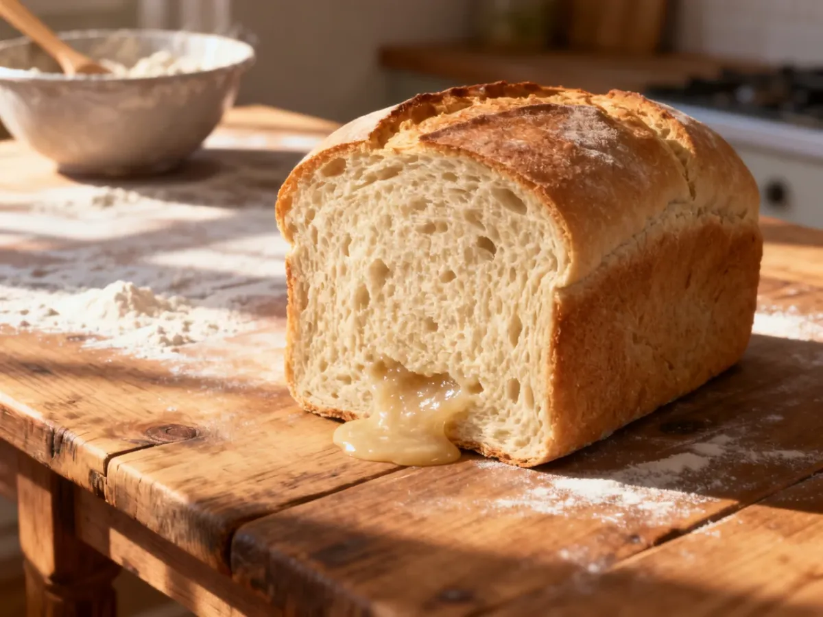 Bochenek chleba z widocznym zakalcem w środku, leżący na drewnianym stole w kuchni.