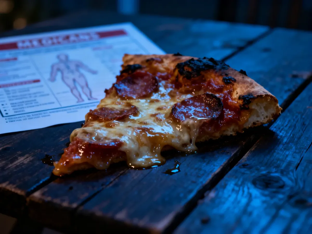 Kawałek nieapetycznej, tłustej pizzy na tle rozmazanej karty zdrowia, obrazujący negatywny wpływ fast foodów na organizm.
