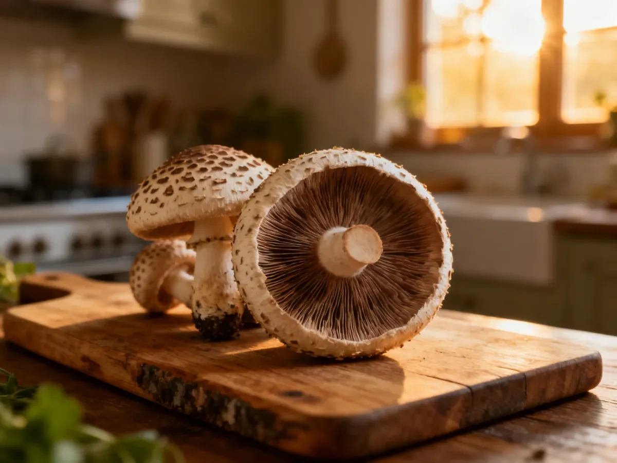 Świeże kanie ułożone na drewnianej desce kuchennej w promieniach popołudniowego słońca.