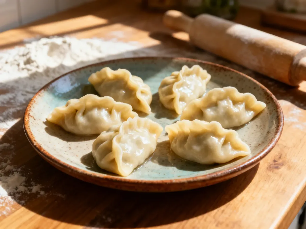 Domowe pierogi na rustykalnym talerzu, gotowe do podania. Estetyczna kompozycja podkreślająca apetyczny wygląd dania.