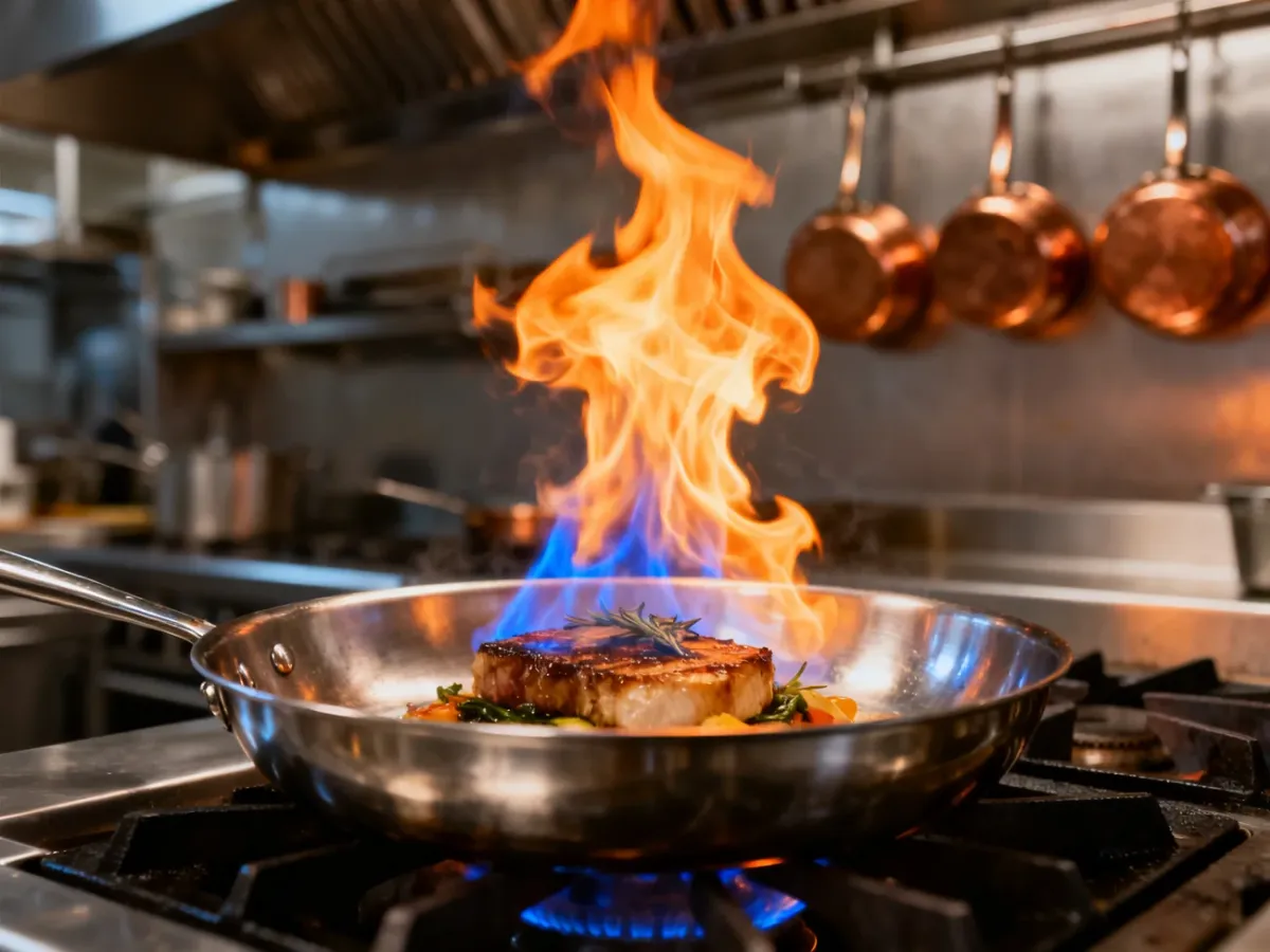 Płonąca patelnia z potrawą podczas procesu flambirowania w profesjonalnej kuchni restauracyjnej.